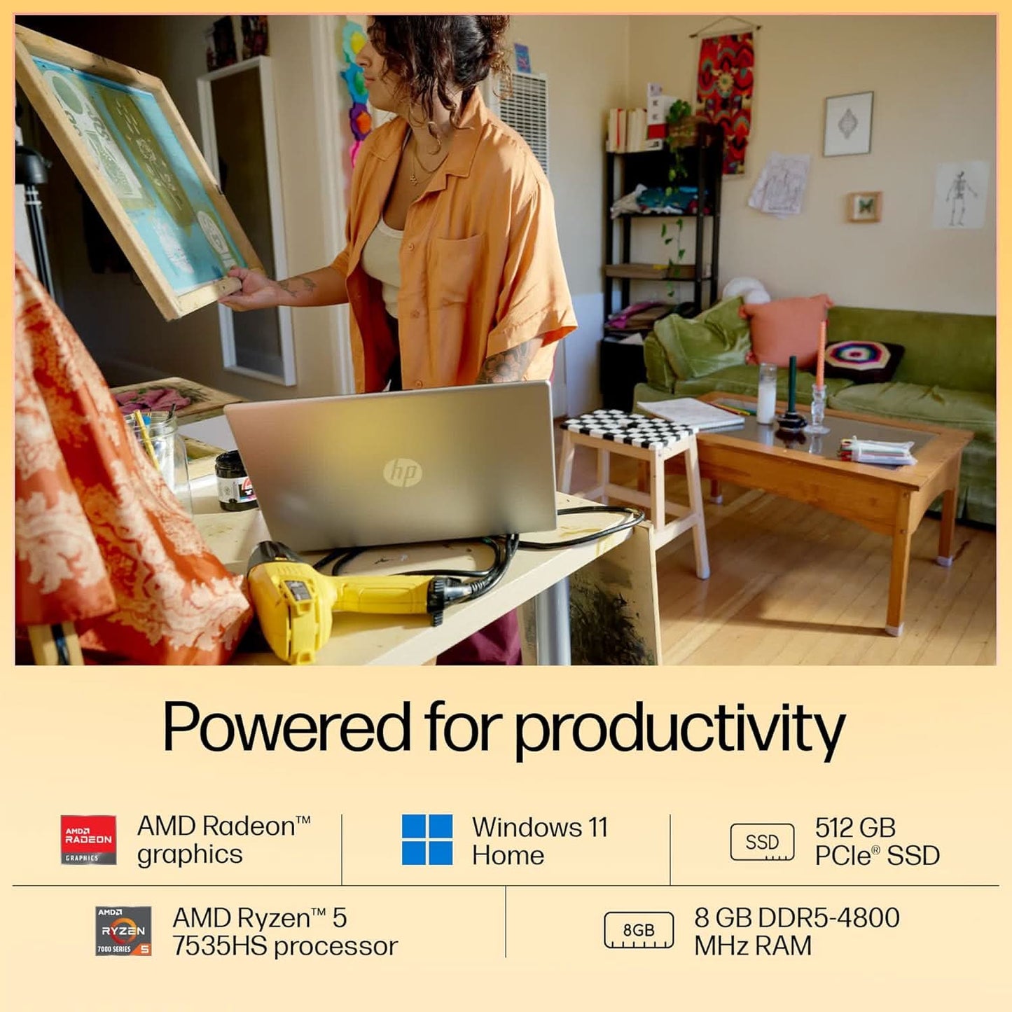 HP LAPTOP 15, ENHANCED BY AI, AMD RYZEN 5 7535HS, 15.6-INCH (39.6CM), FHD, 8GB DDR5, 512GB SSD, AMD RADEON GRAPHICS, 1080P FHD CAMERA W/PRIVACY SHUTTER, BACKLIT KB (WIN 11, SILVER, 1.59KG), FC1004AU