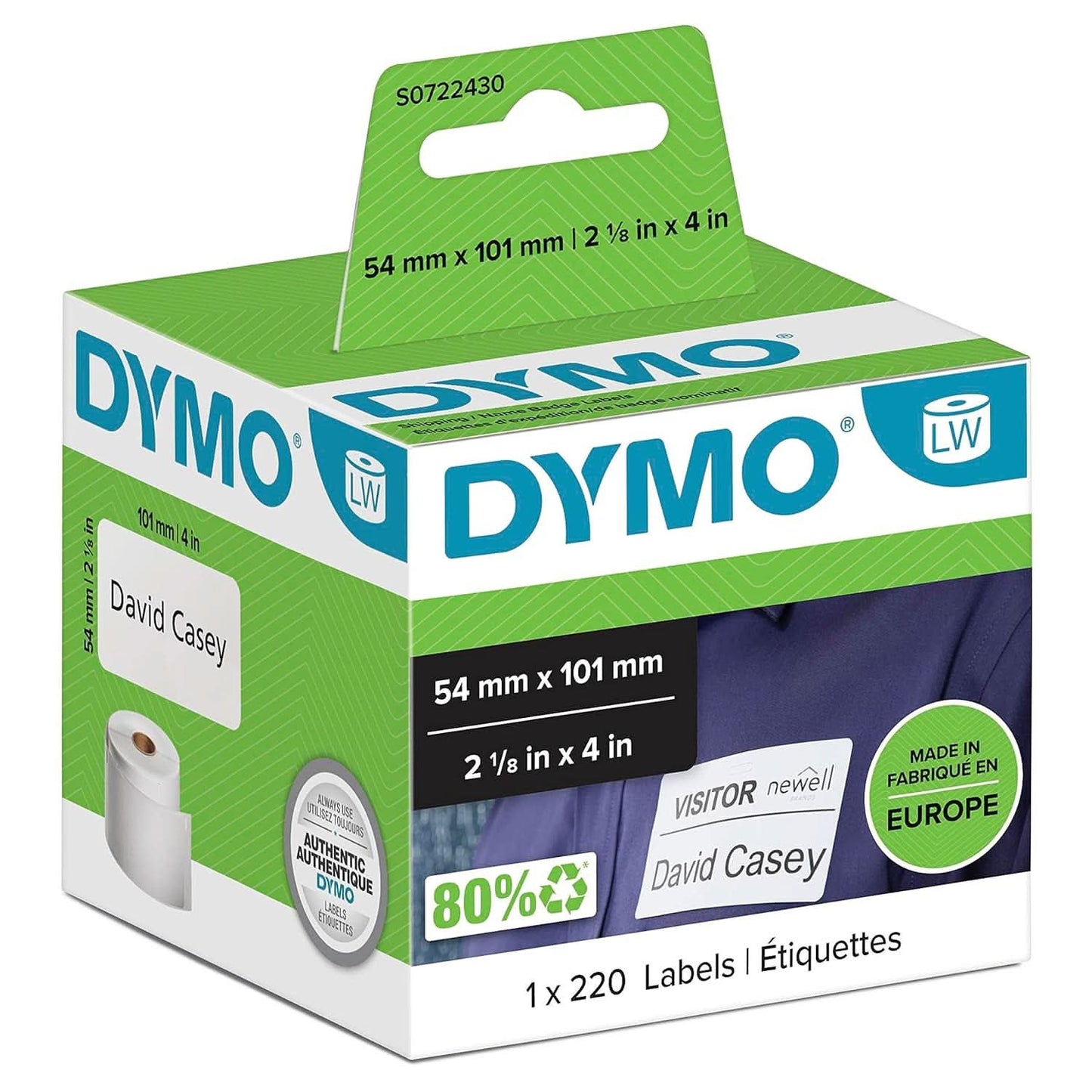 DYMO AUTHENTIC LW LARGE SHIPPING LABELS/NAME BADGES, 101MM X 54MM, SELF-ADHESIVE, ROLL OF 220 EASY-PEEL LABELS, FOR LABELWRITER LABEL MAKERS