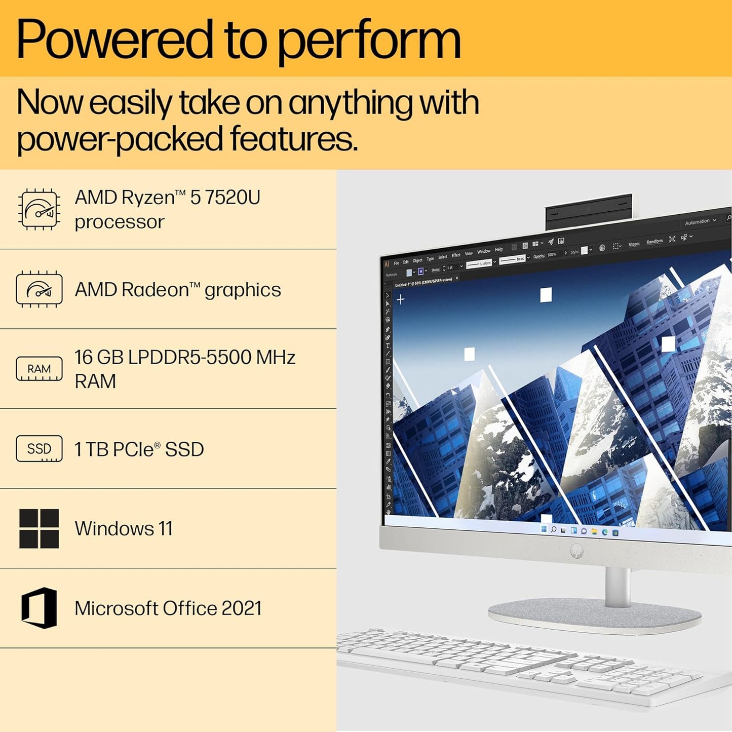 HP ALL-IN-ONE PC RYZEN 5 7520U 27-INCH(68.6CM) FHD IPS DISPLAY, 16GB LPDDR5, 1TB SSD, AMD RADEON GRAPHICS, WIRELESS KEYBOARD AND MOUSE COMBO, FHD CAMERA, (WIN 11, MSO, SHELL WHITE, 6.72KG) 27-CR0445IN