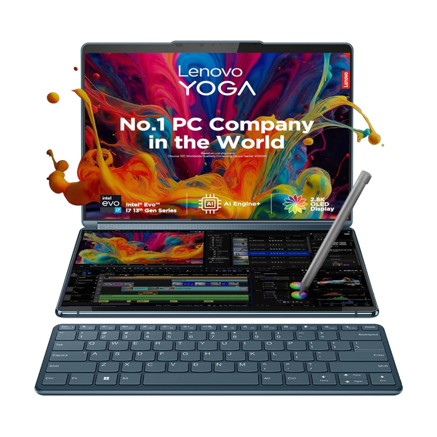LENOVO YOGA BOOK 9 13TH GEN INTEL EVO CORE I7 DUAL 13.3 INCH 2.8K OLED DISPLAY(2X33.7CM) WITH PEN+KEYBOARD|16GB/1TB SSD/WIN 11/OFFICE 2021/5.0MP IR CAMERA/360 B&W ROTATING SOUNDBAR/TEAL/1.34KG,82YQ001DIN