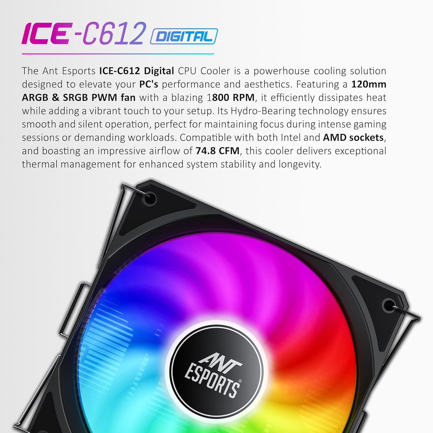 ANT ESPORTS ICE-C612 DIGITAL ARGB 120MM CPU AIR COOLER