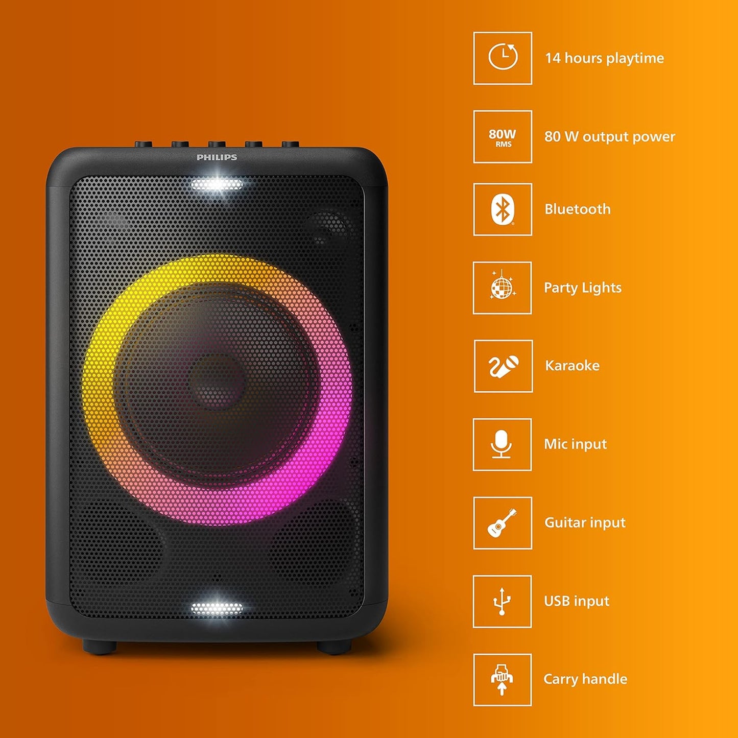 PHILIPS AUDIO TAX3206/94 80W BLUETOOTH PARTY SPEAKER WITH 14 HOURS PLAY TIME, KARAOKE FEATURES, GUITAR AND MIC INPUT, PARTY LIGHTS AND CARRY HANDLE (BLACK)