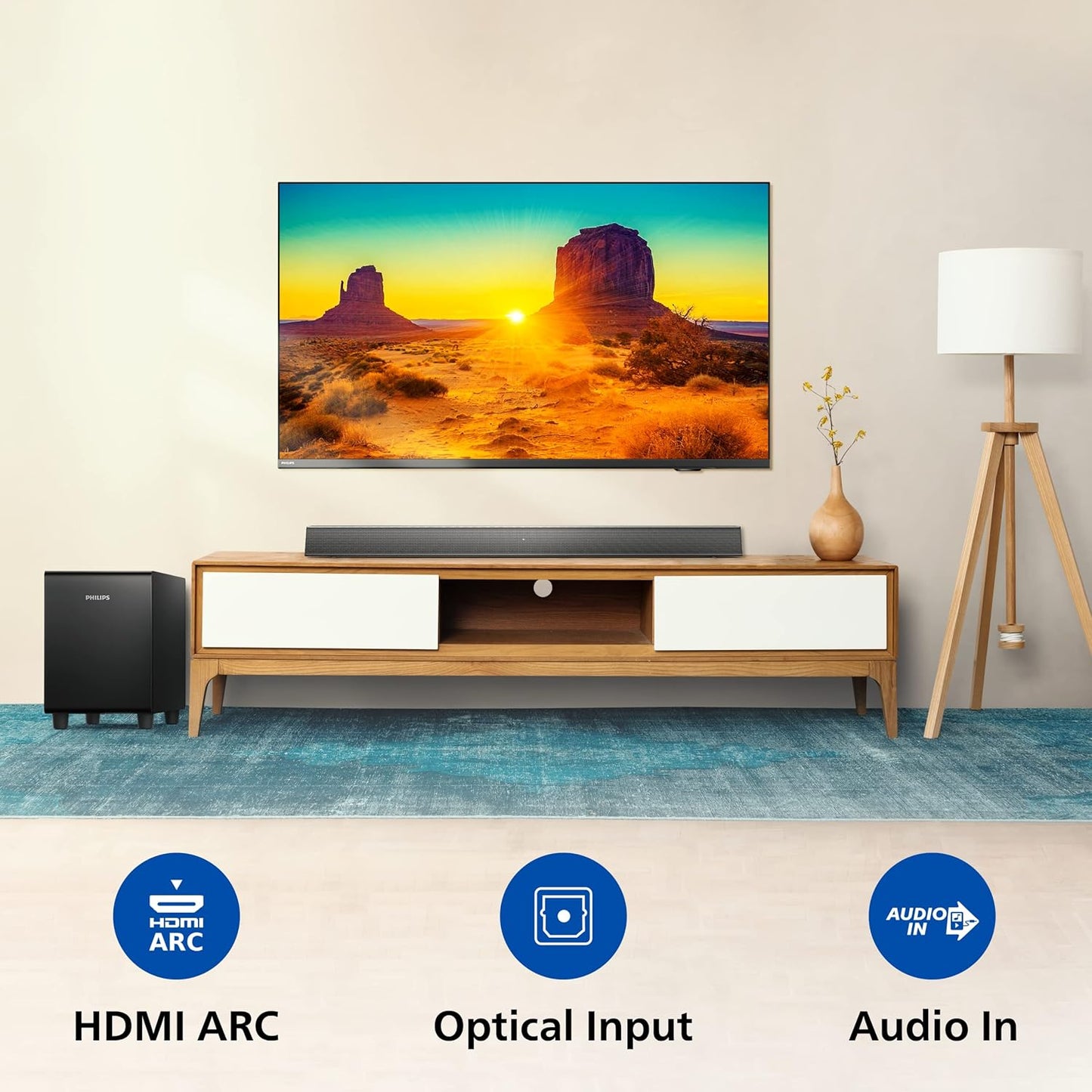 PHILIPS AUDIO TAB5305 2.1CH 140W BLUETOOTH SOUNDBAR WITH WIRELESS SUBWOOFER, MULTIPLE CONNECTIVITY, METAL GRILLE AND POWERFUL BASS