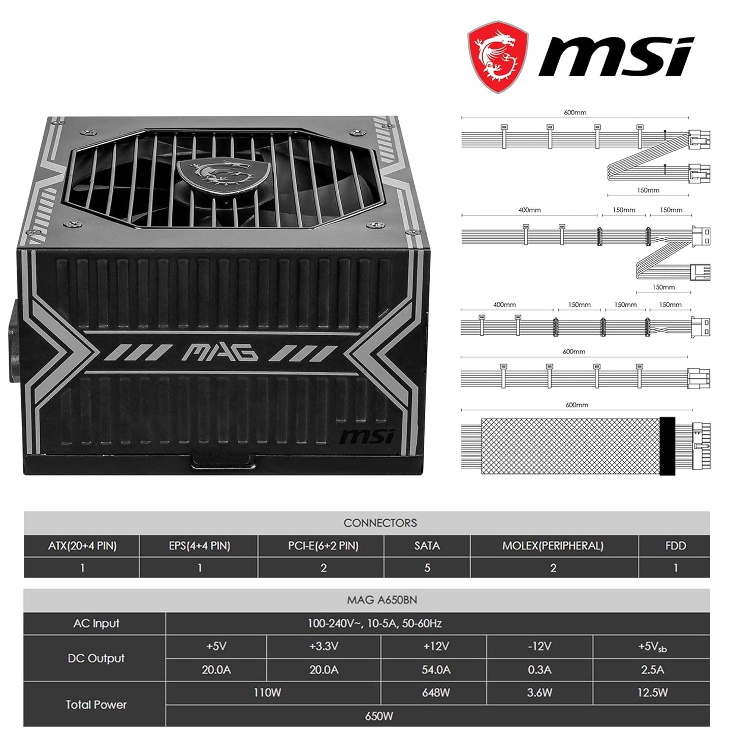 MSI 650W MAG A650BN 80 PLUS BRONZE NON MODULAR SMPS