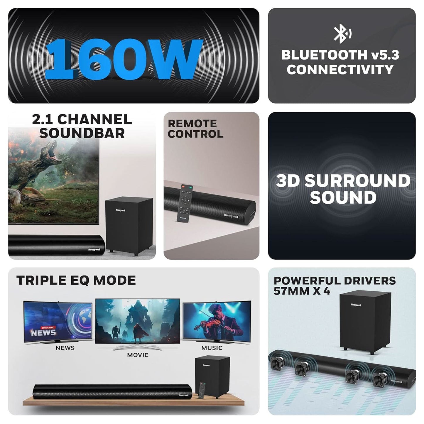 HONEYWELL TRUENO U2000 160W SOUNDBAR WITH SUBWOOFER