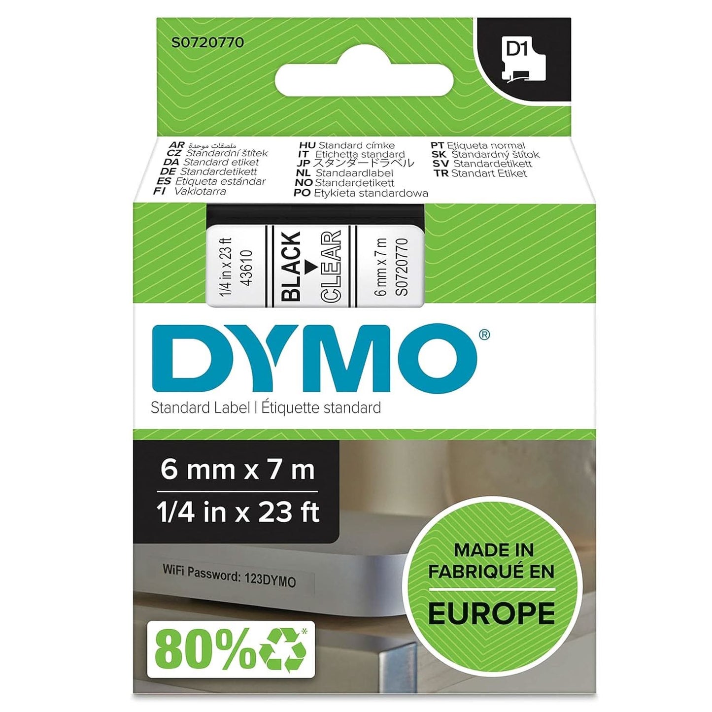 DYMO AUTHENTIC D1 LABELS, BLACK PRINT ON CLEAR TAPE, 6MM X 7M, SELF-ADHESIVE LABELS FOR LABELMANAGER & MOBILELABELER LABEL PRINTERS
