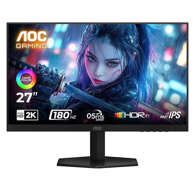 AOC Q27G11E 27 QHD Gaming Monitor – Black/Red | 2560×1440 Fast IPS| 180Hz Refresh | 0.5ms MPRT|Adaptive Sync| HDR10| Tilt Stand & Low Blue Light