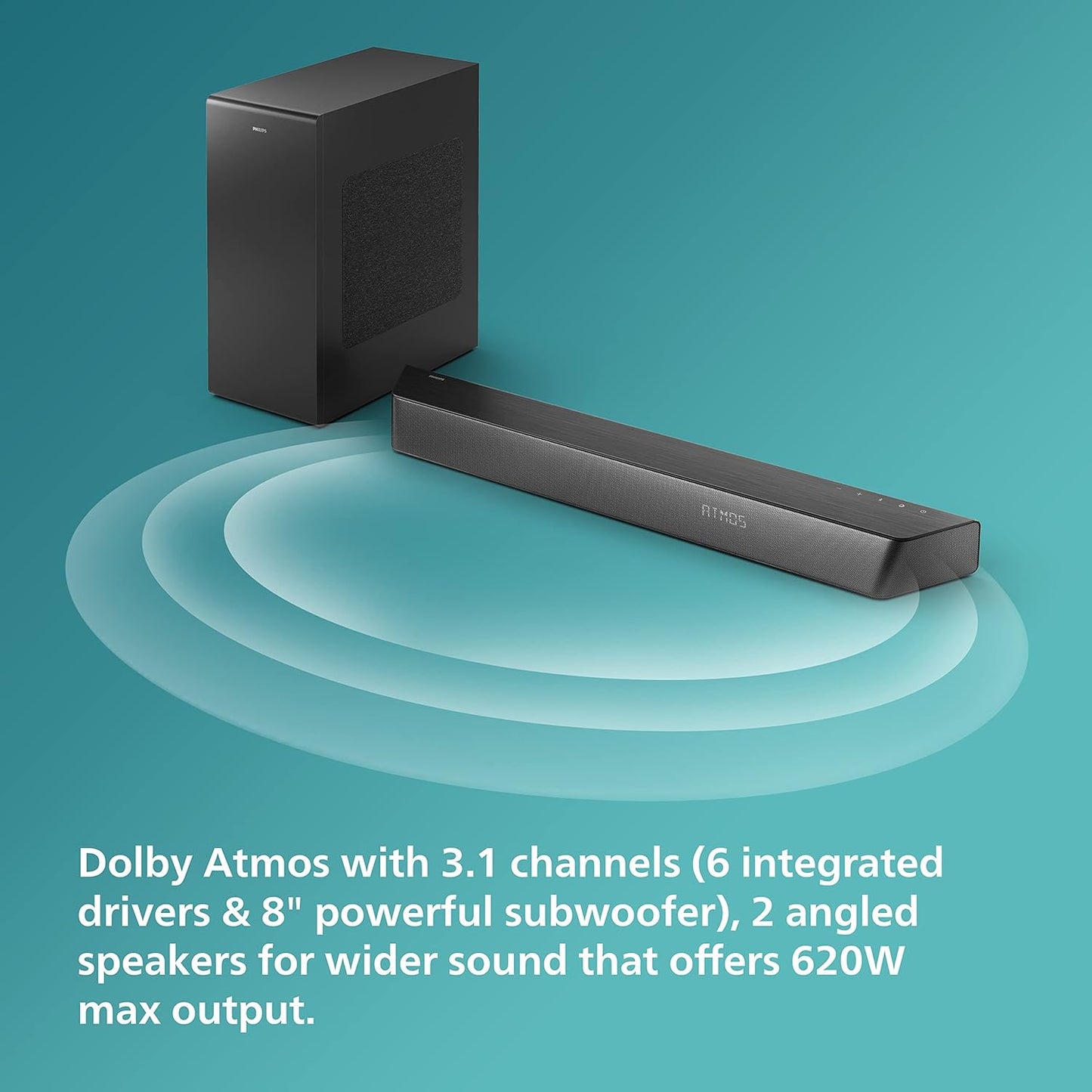 PHILIPS AUDIO TAB7807, BLACK 3.1CH,620WATT MAX OUTPUT, DOLBY ATMOS SOUNDBAR WITH WIRELESS SUBWOOFER FOR CINEMATIC EXPERIENCE, MULTIPLE CONNECTIVITY,HDMI EARC AND USB INPUT, BLUETOOTH