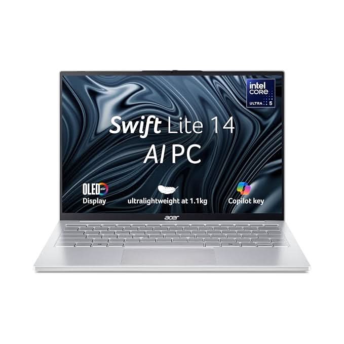 Acer Swift Lite 14 Laptop, Intel Core Ultra 5 115U, 16GB RAM, 512GB SSD, 14 Inch WUXGA OLED Display, Windows 11 Home, MS Office, Silver