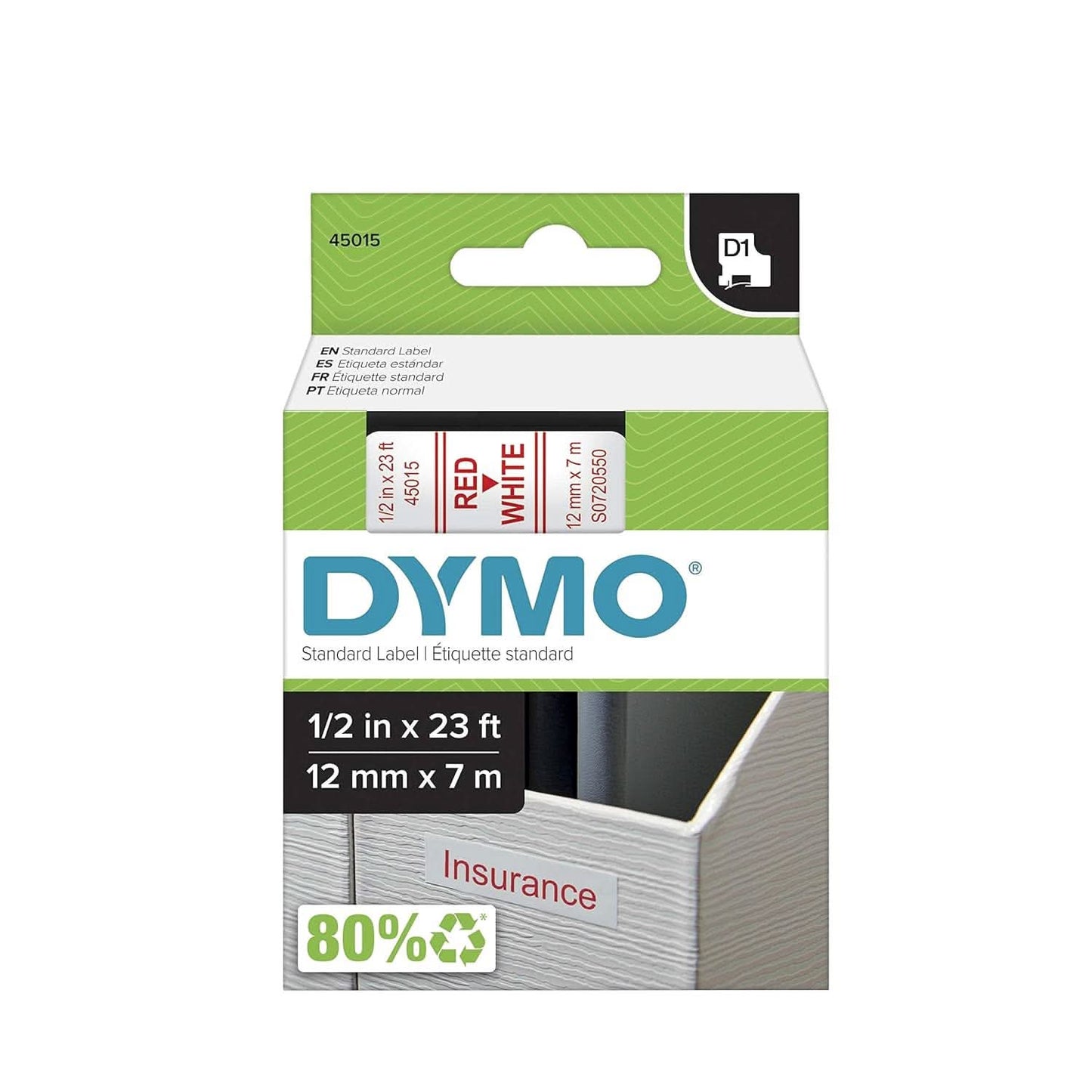 DYMO AUTHENTIC D1 LABELS, 12MM X 7M ROLL, RED PRINT ON WHITE TAPE, SELF-ADHESIVE LABELS FOR LABELMANAGER & MOBILELABELER LABEL PRINTERS