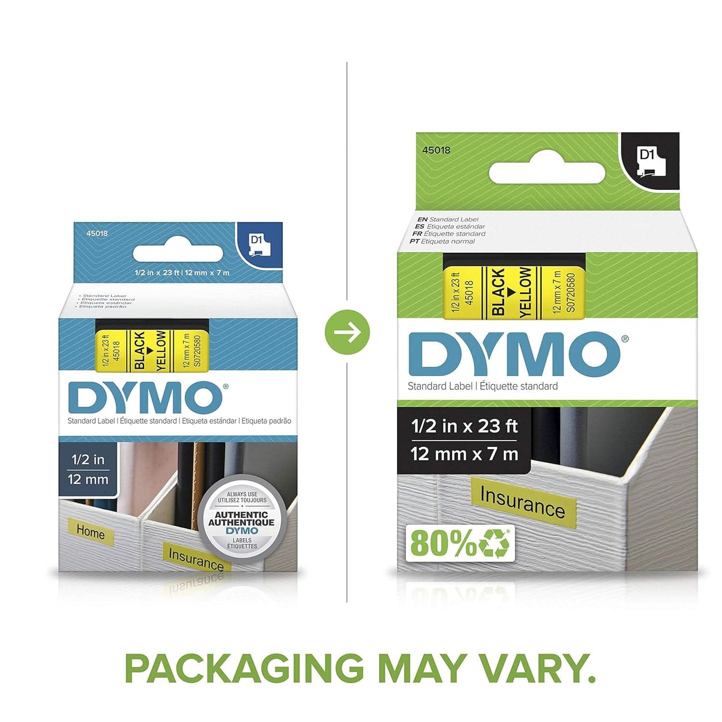 DYMO AUTHENTIC D1 LABELS, BLACK PRINT ON YELLOW TAPE, 12MM X 7M, SELF-ADHESIVE LABELS FOR LABELMANAGER & MOBILELABELER LABEL PRINTERS