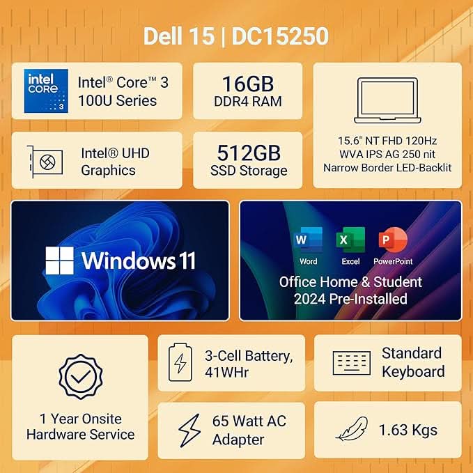 Dell 15, Intel Core 3 14th Gen-100U, 16GB DDR4, 512GB SSD, FHD IPS, 15.6"/39.62cm, Windows 11, Microsoft Office Home 2024, Carbon Black, 1.63Kg, Thin & Light, Laptop Model NO - Dell 15 DC15250