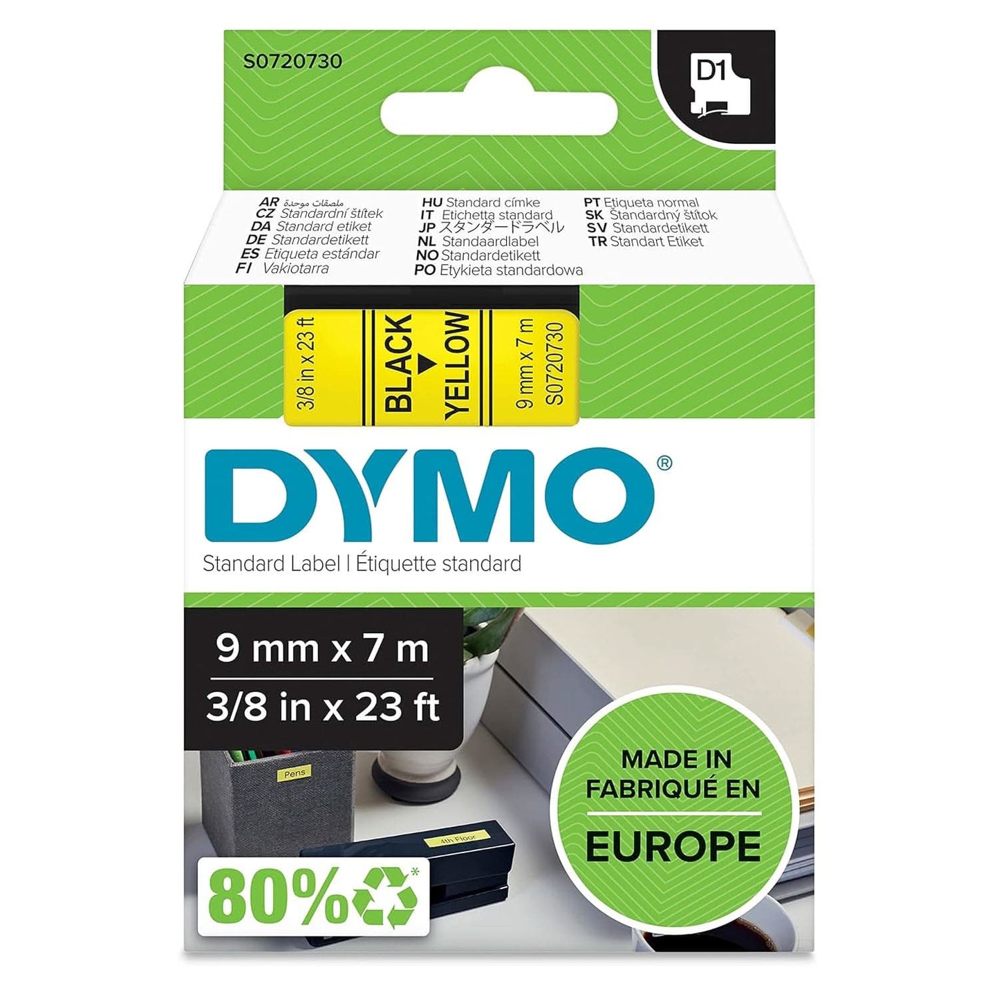 DYMO AUTHENTIC D1 LABELS, 9MM X 7M ROLL, BLACK PRINT ON YELLOW TAPE, SELF-ADHESIVE LABELS FOR LABELMANAGER & MOBILELABELER LABEL PRINTERS