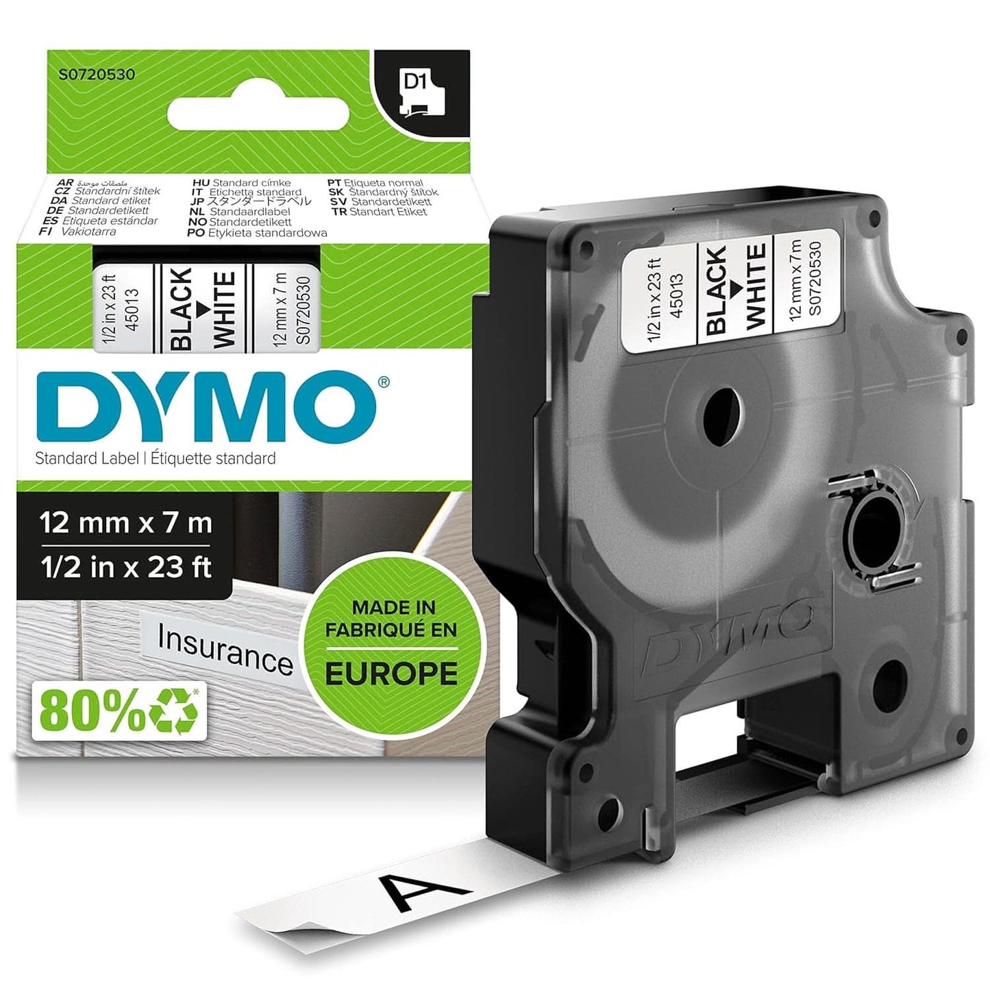 DYMO AUTHENTIC D1 LABELS, BLACK PRINT ON WHITE TAPE, 12MM X 7M, SELF-ADHESIVE LABELS FOR LABELMANAGER & MOBILELABELER LABEL PRINTERS