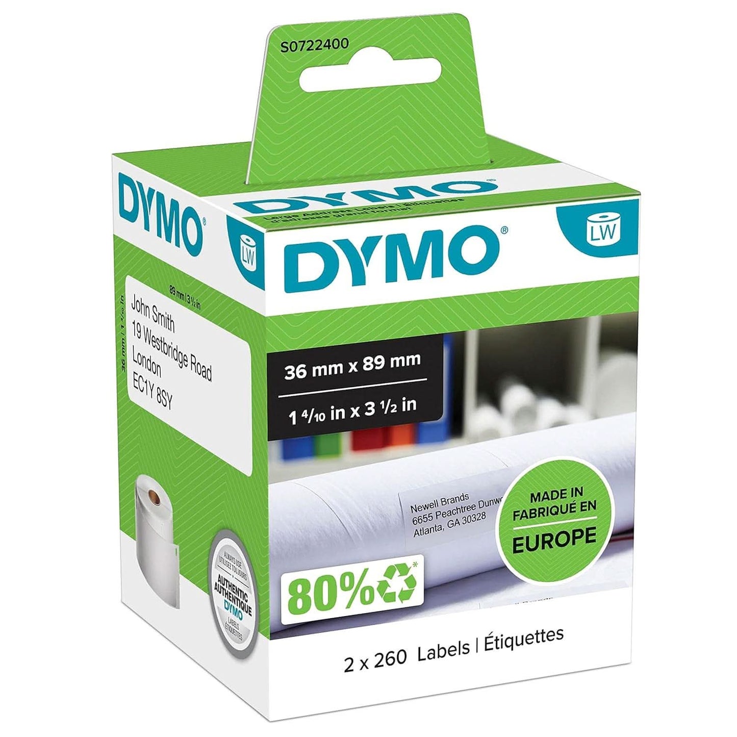 DYMO AUTHENTIC LW LARGE ADDRESS LABELS, 36MM X 89MM, SELF-ADHESIVE, ROLL OF 260, 2 PACK (520 EASY-PEEL LABELS), FOR LABELWRITER LABEL MAKERS