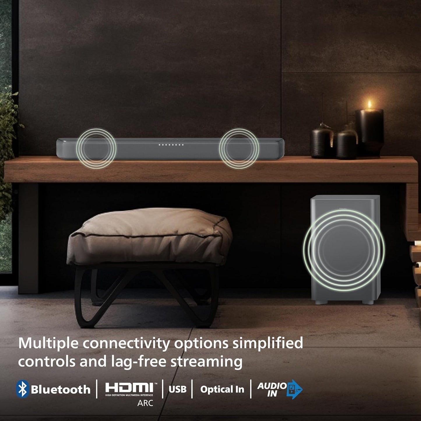 PHILIPS TAB5309 SOUNDBAR: 2.1 CH, 240W SOUNDBAR WIRELESS SUBWOOFER, DOLBY & DTS 3D VIRTUAL, DEEP BASS, BT 5.4 LE AUDIO SUPPORT