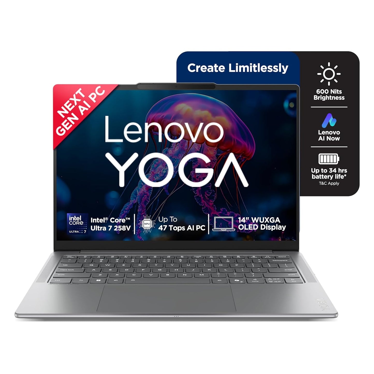 LENOVO YOGA SLIM 7 AURA EDITION INTEL CORE ULTRA 7 258V,COPILOT+ AI PC(32GB RAM/1TB SSD/14(35.5CM)/WUXGA OLED AI NOW/47 TOPS/WINDOWS 11/OFFICE HOME 2024/1YR ADP/GREY/1.19KG), 83JX001MIN AI LAPTOP