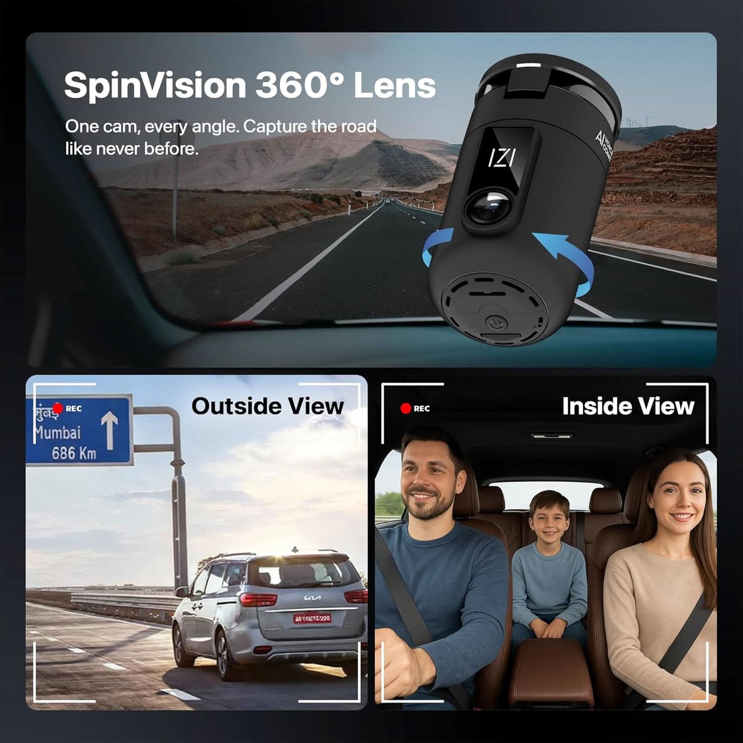 IZI Drive360 Dash Cam for Car, 360 Rotatable Car Camera, AI Voice Control, Full HD 1080P @30FPS, 170 Wide Lens, 24/7 Parking & Impact Detection, 128GB Support, Type-C Fast Connect, Built-in Mic