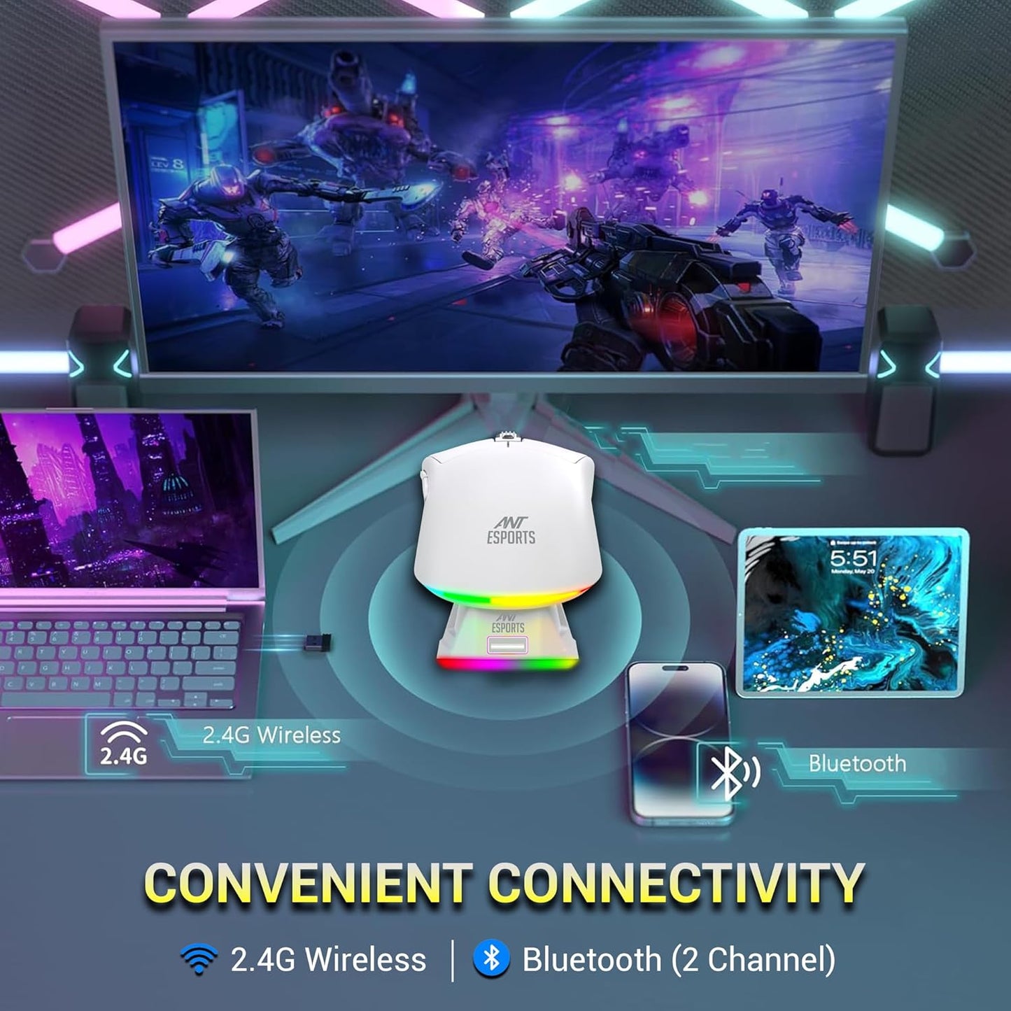 ANT ESPORTS GM810 PRO WIRELESS OPTICAL GAMING MOUSE 7200 DPI 2.4G BLUETOOTH - WHITE