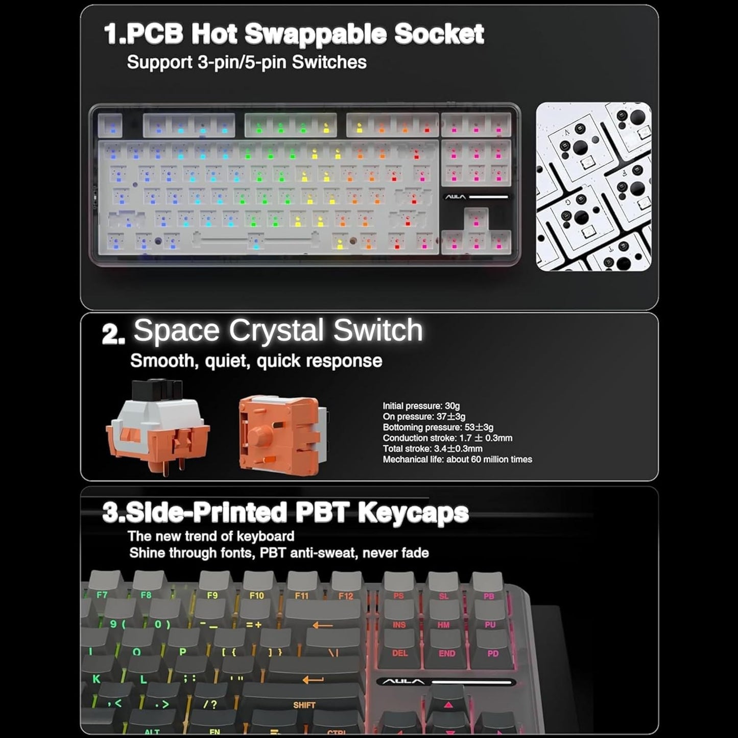 AULA F87 GRADIENT GRAY SPACE CRYSTAL SWITCH MECHANICAL GAMING KEYBOARD
