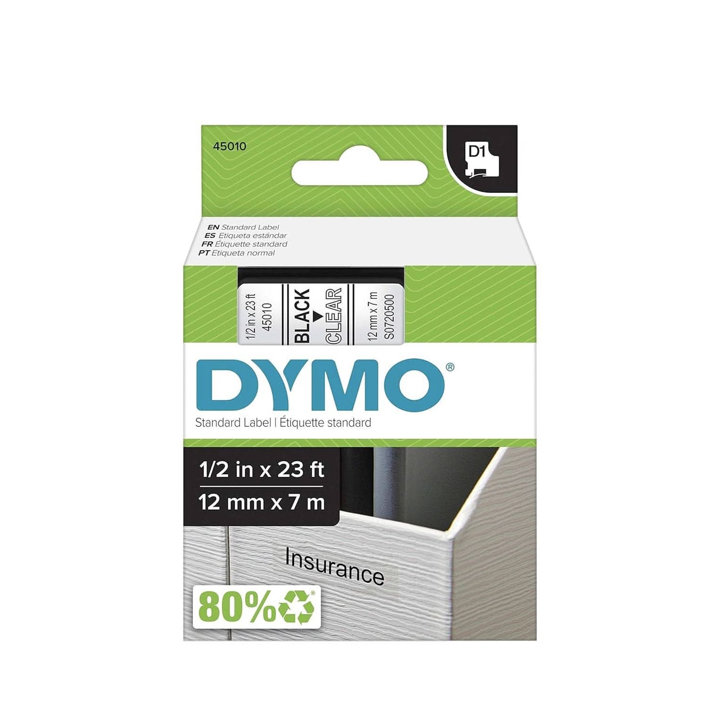 DYMO AUTHENTIC D1 LABELS, BLACK PRINT ON CLEAR TAPE, 12MM X 7M, SELF-ADHESIVE, FOR LABELMANAGER & MOBILELABELER LABEL PRINTERS