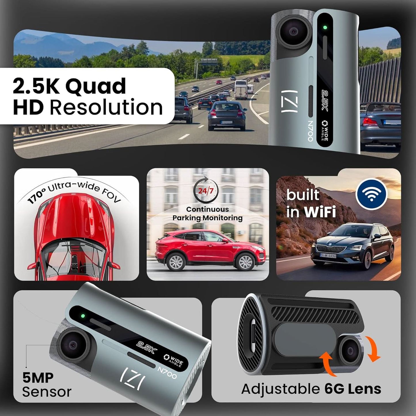IZI Drive N700 Dash Cam 2.5K 25FPT 5MP Car Dashboard Camera with 170 Wide Angle WiFi Super Night Vision G-Sensor Emergency Recording Parking Monitor Loop Recording Supports up to 512GB for Cars SUVs