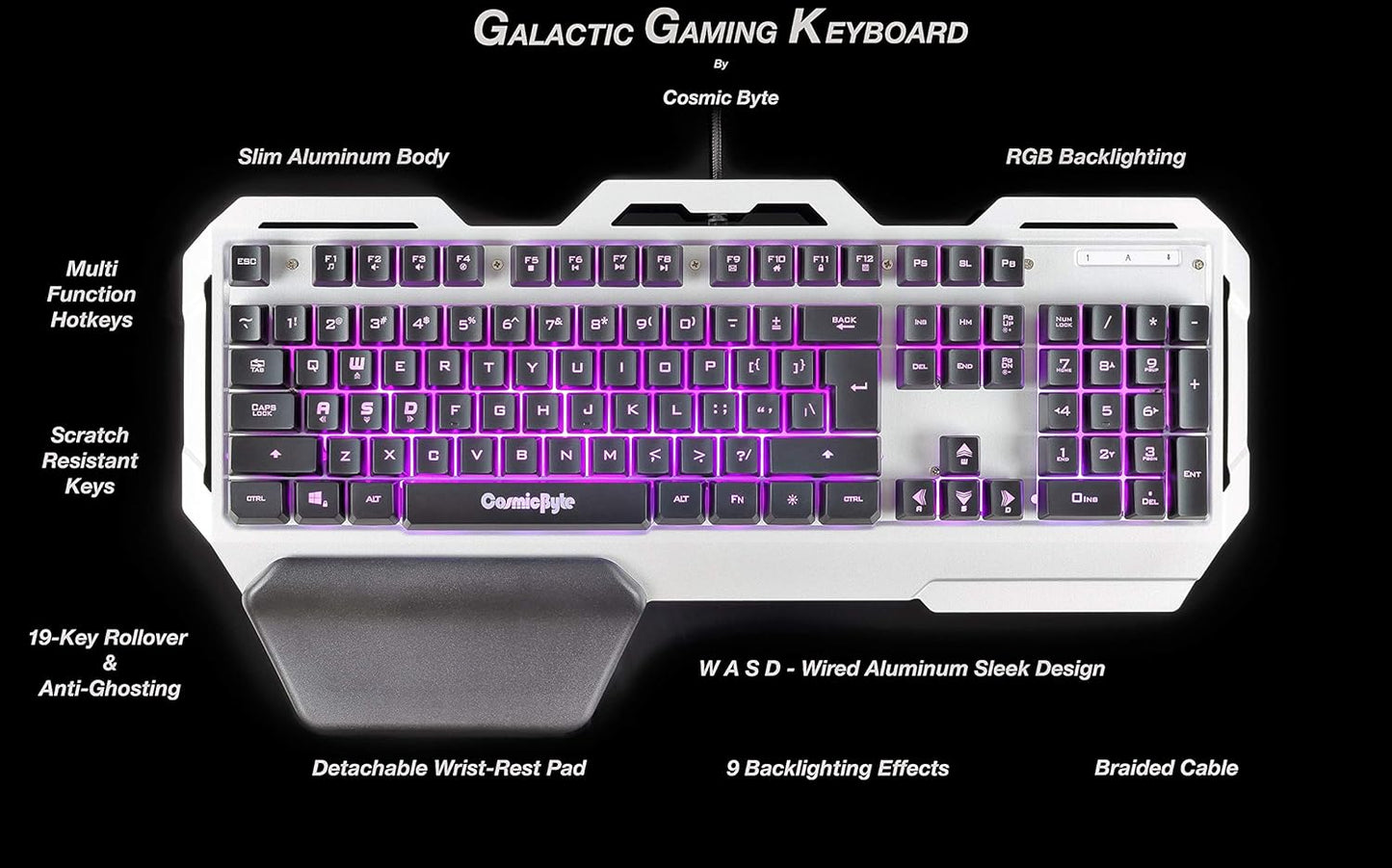 COSMIC BYTE CB-GK-06 GALACTIC (BLACK/SILVER) GAMING RGB SILVER KEYBOARD
