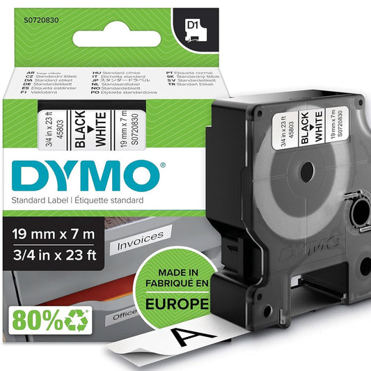 DYMO AUTHENTIC D1 LABELS, BLACK PRINT ON CLEAR TAPE, 19MM X 7M, SELF-ADHESIVE LABELS FOR LABELMANAGER & MOBILELABELER LABEL PRINTERS