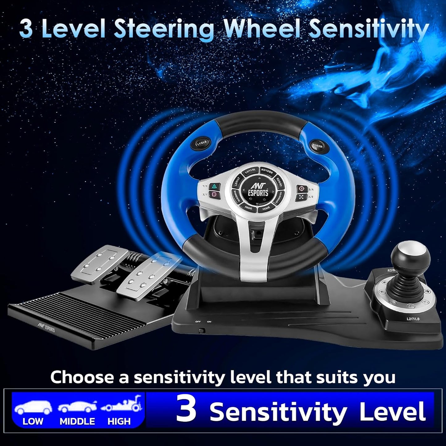 ANT ESPORTS GW185 RACING WHEEL 270 DEGREE UNIVERSAL USB POWERED CAR SIM GAME STEERING WHEEL WITH GEAR SHIFTER AND PEDALS