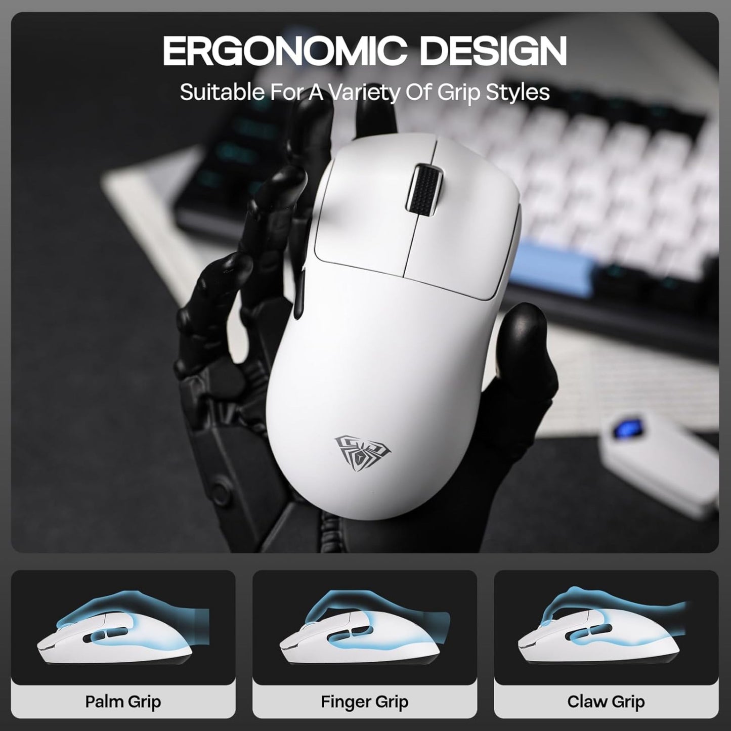 AULA SC800 TRI-MODE(2.4GHZ/BT/WIRED) ULTRA-LIGHTWEIGHT GAMING MOUSE | 37GRAMS, ADJUSTABLE 26000 DPI, PAW3395 SENSOR, 8000 POLLING RATE, ULTRA-PRECISE & DURABLE FOR GAMING & OFFICE USE | WHITE (SC800W)