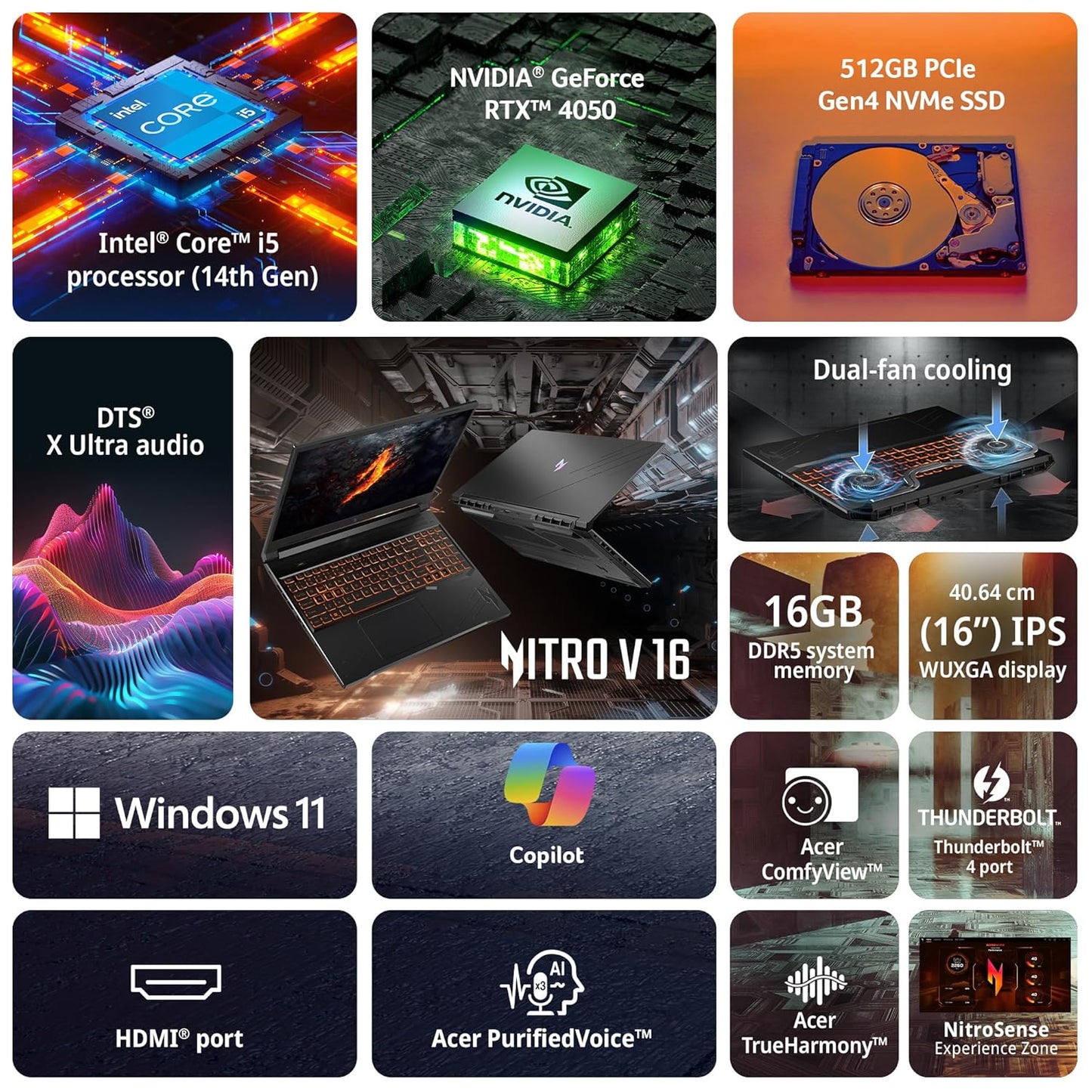 ACER NITRO V 16 ANV16-71 NH.QTNSI.003 GAMING LAPTOP (14TH GEN CORE I5 / 16GB/ 512GB SSD/ WIN11/ 6GB RTX 4050 GRAPH)