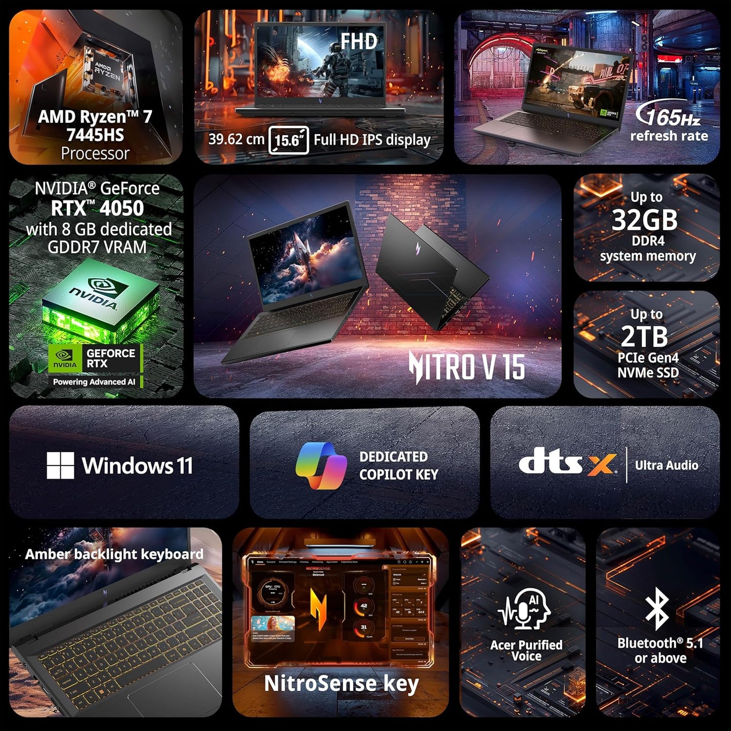 ACER NITRO V 15, AMD RYZEN 7-7445HS OCTA-CORE PROCESSOR, NVIDIA GEFORCE RTX 4050- 6 GB GDDR6(16GB DDR5, 512GB)IPS FHD, 15.6"/ 39.62CM, 165HZ, WIN 11 HOME, OBSIDIAN BLACK, 2.1KG, ANV15-42 GAMING LAPTOP NH.U2ZSI.001