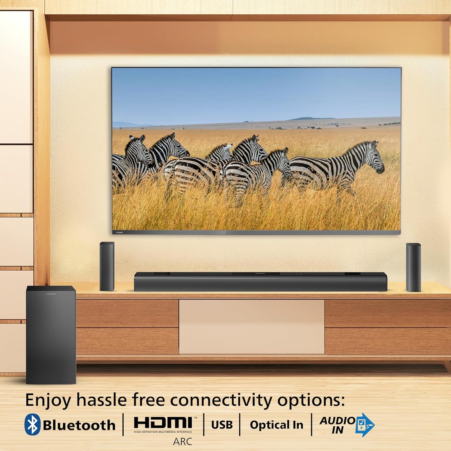 PHILIPS AUDIO TAB4529/94 5.1CH SOUNDBAR WITH WIRELESS SATELLITES AND SUBWOOFER, BASS BOOST, 160W RMS OUTPUT, HDMI ARC, OPTICAL, BLUETOOTH V5.0, WALL MOUNT AND AUX-IN FOR EASY CONNECTION (BLACK)