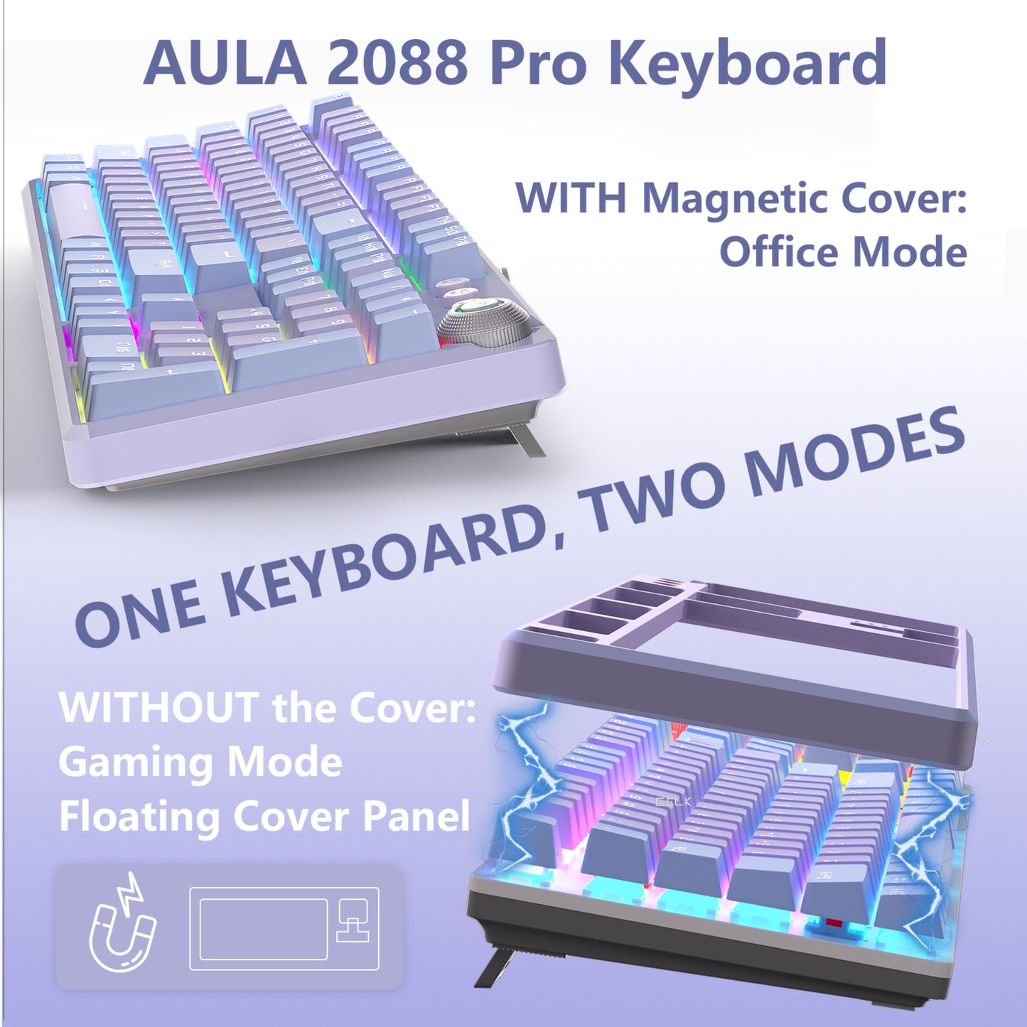 AULA F2088PRO FULL SIZE USB WIRED MECHANICAL GAMING KEYBOARD WITH MEDIA KNOB | RGB RAINBOW BACKLIT, REMOVABLE UPPER COVER, 108 PROGRAMMABLE KEYS KEYBOARDS FOR MAC/WINDOWS | PURPLE, RED SWITCHES