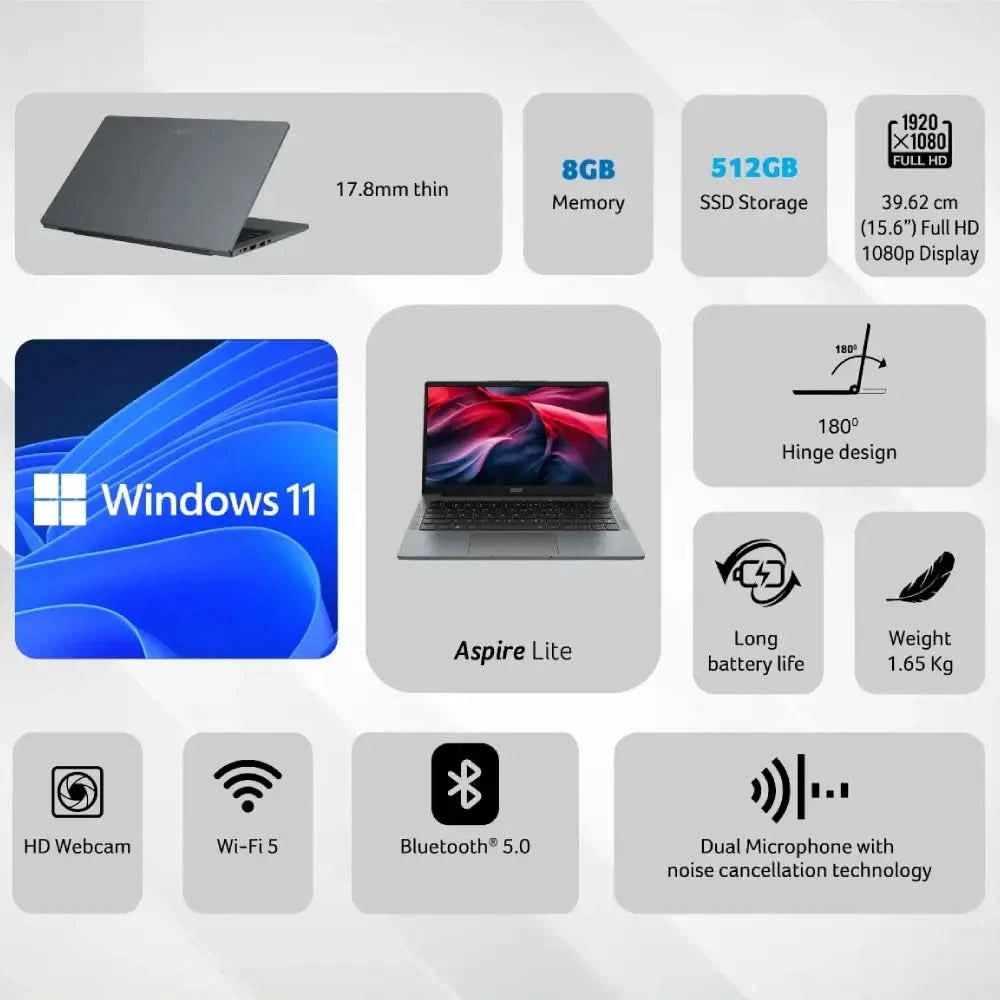ACER Aspire Lite AL15-42 UN.378SI.00D, RYZEN-3 7330U, 8GB RAM, 512GB SSD, Windows 11 Home, 15.6 inch Full HD IPS, 1.65 kg, Grey