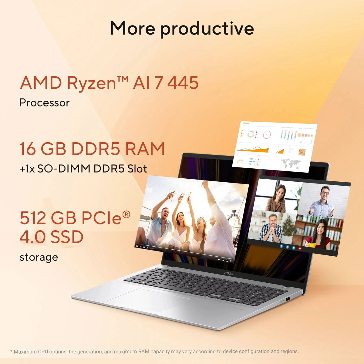 ASUS Vivobook 16 M1607GA-MB029WS, AMD Ryzen AI 7 445 Processor, 16GB RAM, 512GB SSD, AMD Radeon Graphics, 16 inchFHD+, Windows 11 Home, Office Home 2024, M365 Basic, 1 Year Validity, AI Laptop