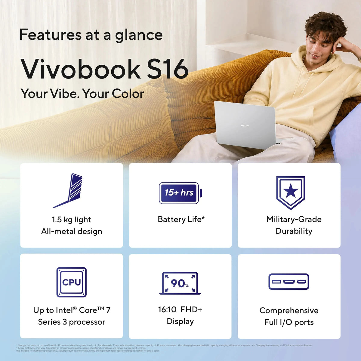 ASUS Vivobook S16, AI Powered Laptop, Intel Core 7 350,16GB RAM, 512GB SSD, Intel Graphics, 16 inch FHD+, Windows 11 Home, Office Home 2024 and M365 Basic-1 Year Validity, S5652MA-TK191WS
