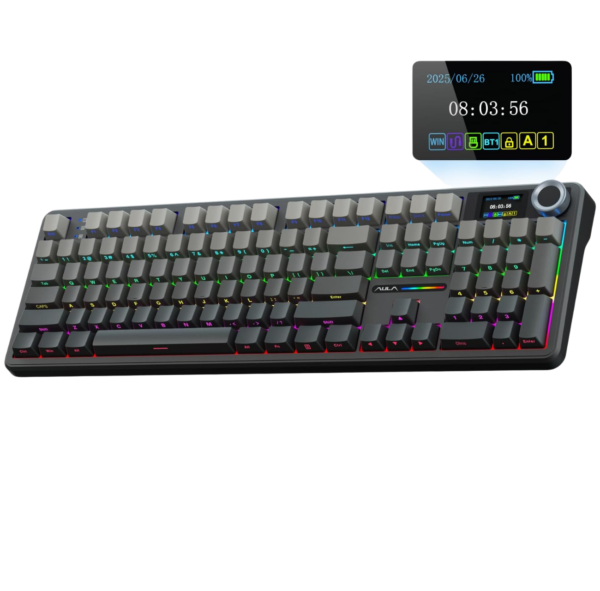 AULA F108 Pro Wireless Mechanical Gaming Keyboard, Gradient Gray, Nimbus Linear Switch, RGB, LCD Screen and Knob
