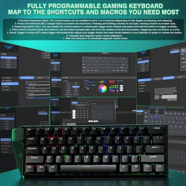 AULA WIN60 HE 60% RGB Mechanical Wired Gaming Keyboard Hall Effect Magnetic Switches For PC/Mac Black Graywood Magnetic Switch WIN60BW
