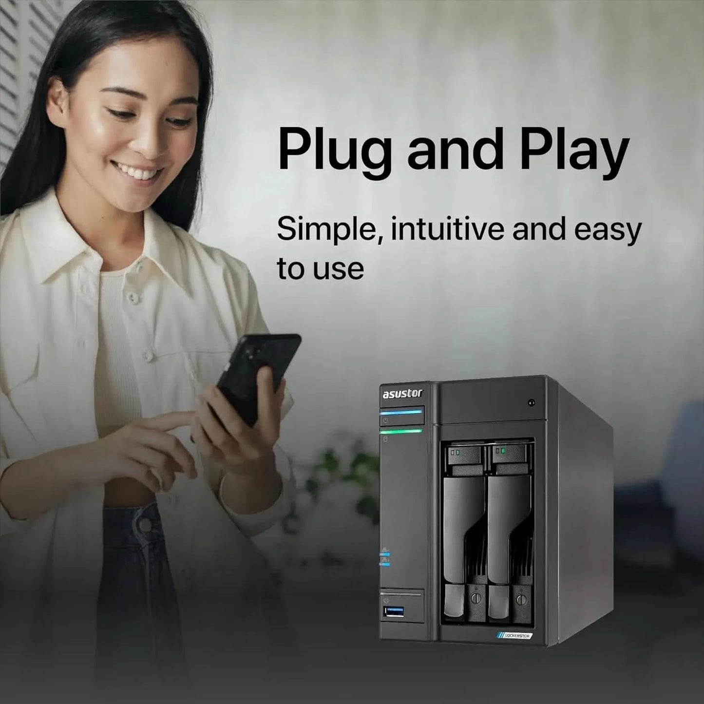 Asustor Lockerstor 2 Gen2 AS6702T - 2 Bay NAS, Intel Quad-Core 2.0 GHz CPU, 4X M.2 NVMe Slots (PCIe 3.0), Windows Dual 2.5GbE, 4GB DDR4 RAM, Network Attached Storage