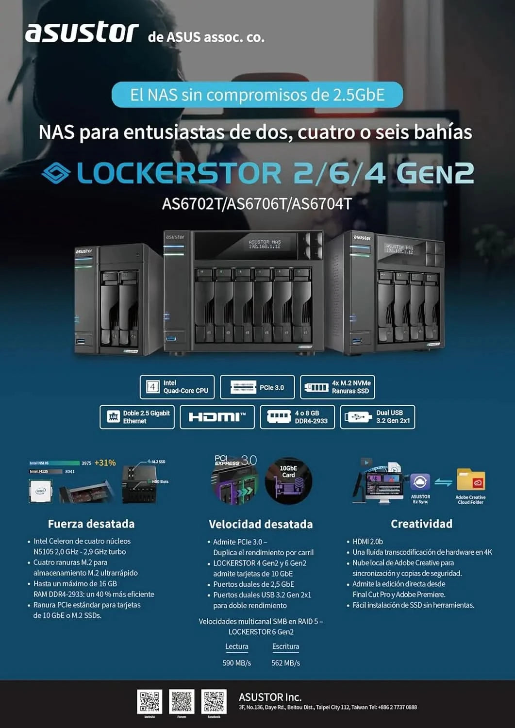 Asustor Lockerstor 2 Gen2 AS6702T - 2 Bay NAS, Intel Quad-Core 2.0 GHz CPU, 4X M.2 NVMe Slots (PCIe 3.0), Windows Dual 2.5GbE, 4GB DDR4 RAM, Network Attached Storage