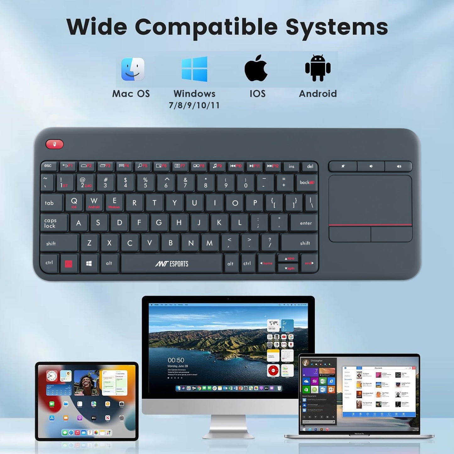 ANT ESPORTS WK100 WIRELESS KEYBOARD WITH BUILT-IN TOUCHPAD (GRAY)