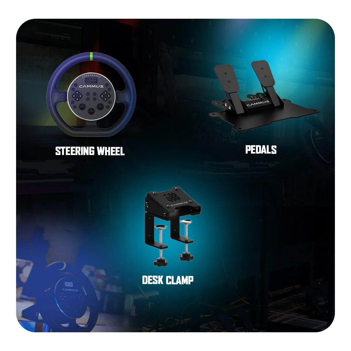 COSMIC BYTE CAMMUS DIRECT DRIVE WHEEL BUNDLE- C5 STEERING WHEEL, CP5 PEDALS, CS5 DESK CLAMP