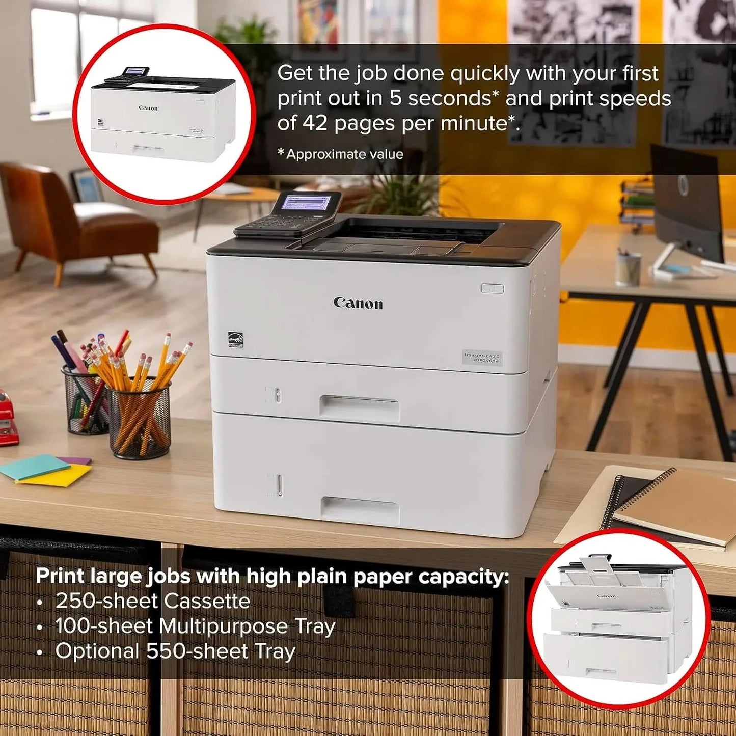 Canon imageCLASS LBP246dw - Monochrome Duplex, Wireless Laser Printer, Single Function, Mobile Ready, 42 PPM, White
