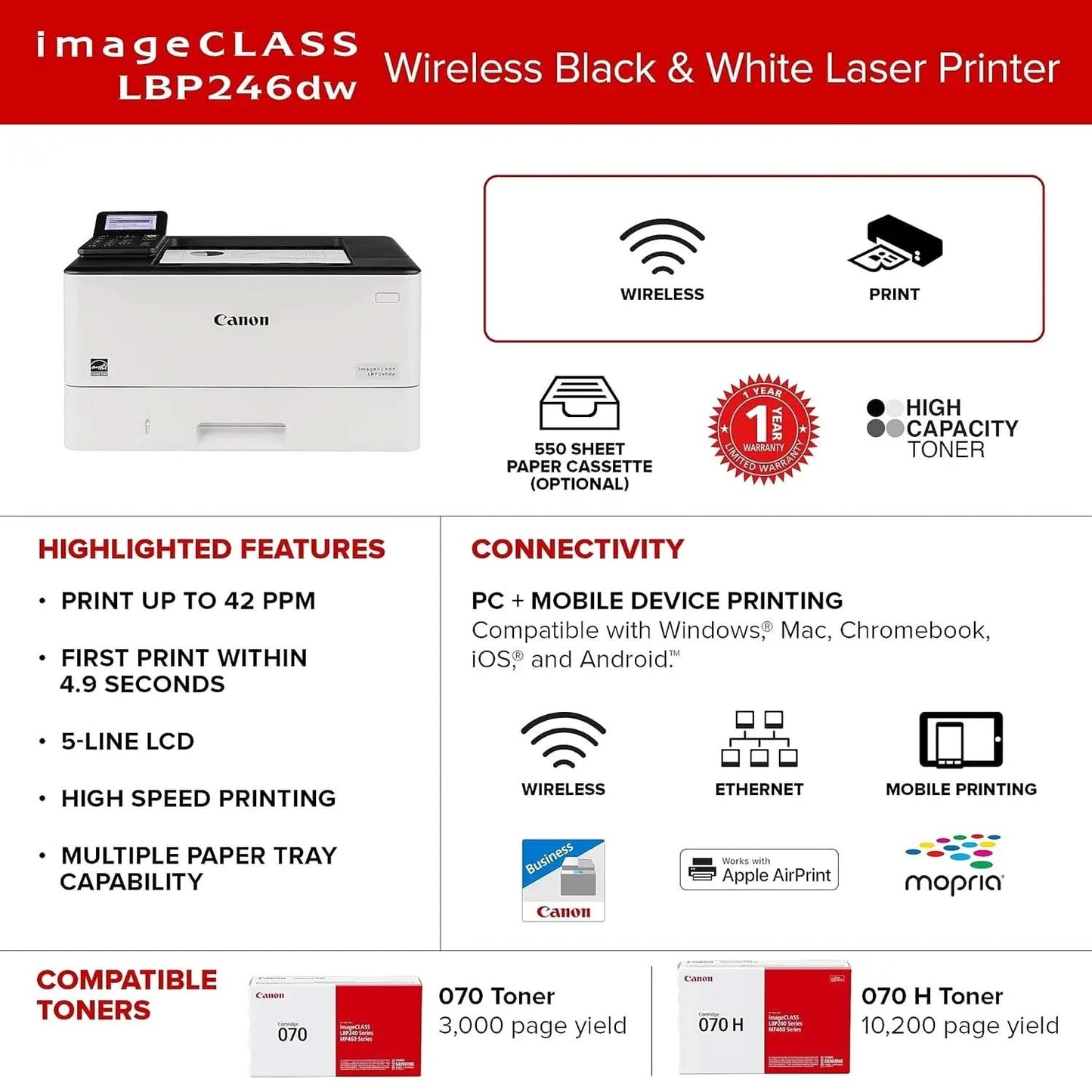 Canon imageCLASS LBP246dw - Monochrome Duplex, Wireless Laser Printer, Single Function, Mobile Ready, 42 PPM, White