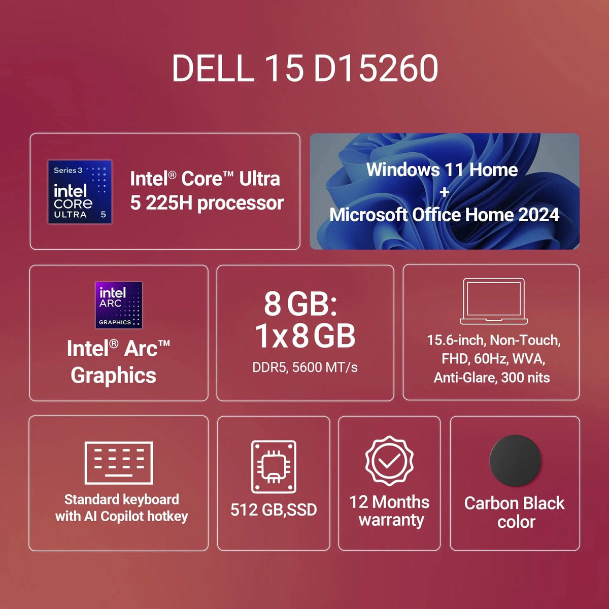 DELL 15 (Previously Inspiron) AI Powered Intel Core Ultra 5 225H - (8 GB/512 GB SSD/Windows 11 Home) 3530 / 15 DC 15260 Thin and Light Laptop Black