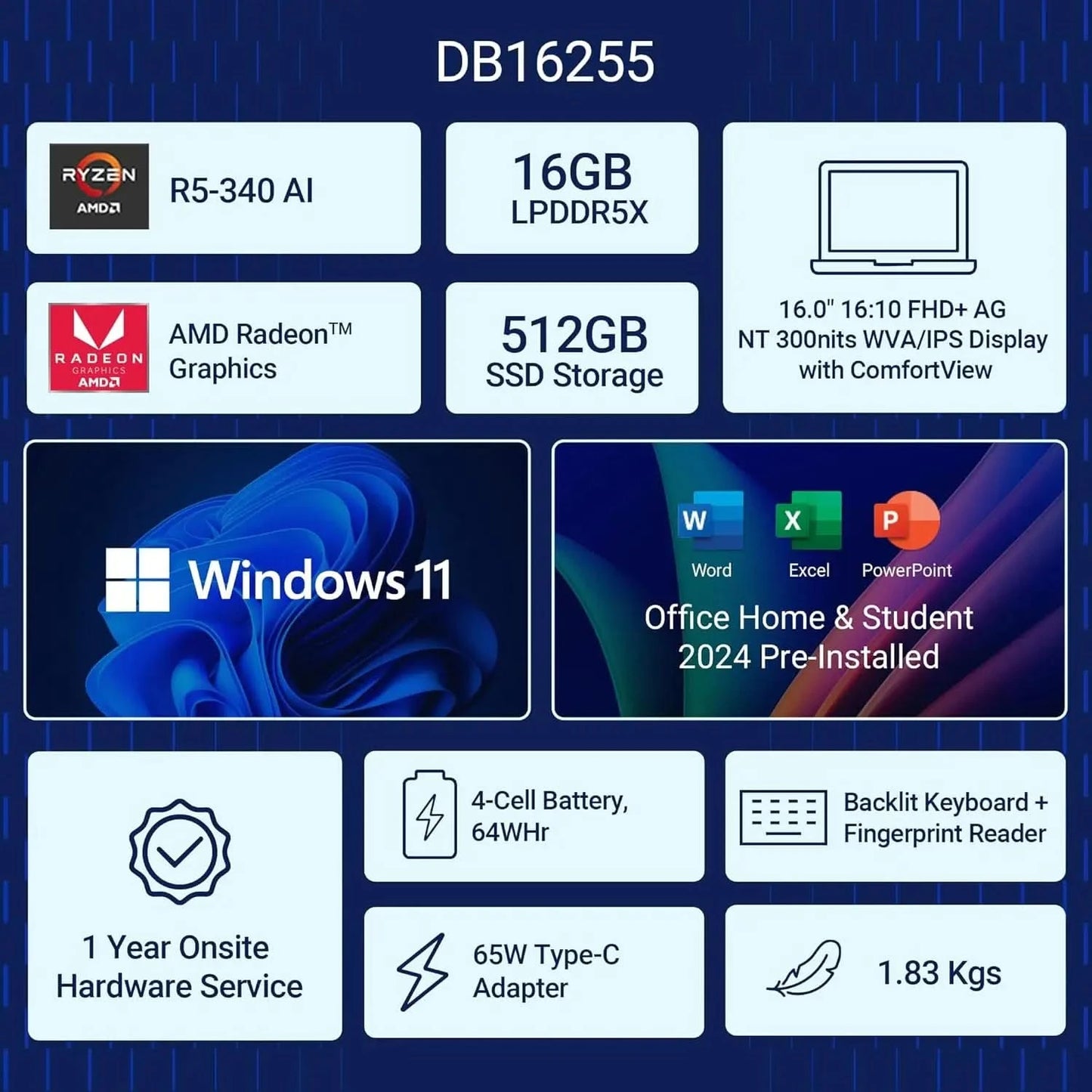Dell 16, AMD Ryzen AI 5 340 6-core/12-thread Processor, 16GB LPDDR5X, 512GB SSD, FHD+, 16"/40.64cm, Win11, MSO'24, Ice Blue AI Powered Laptop