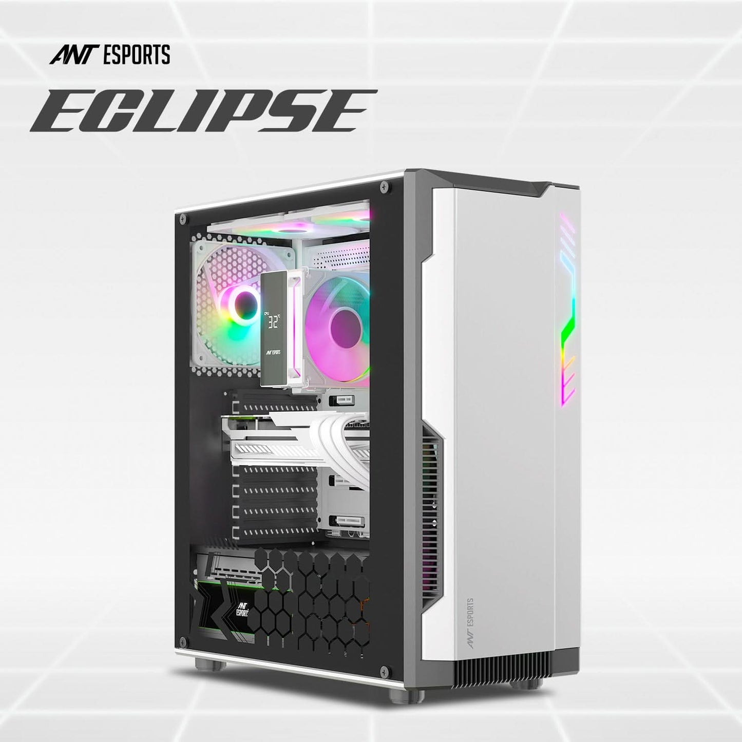 ANT ESPORTS ECLIPSE MID TOWER (ATX/M-ATX/M-ITX) WHITE-GREY CABINET 3X120MM FANS