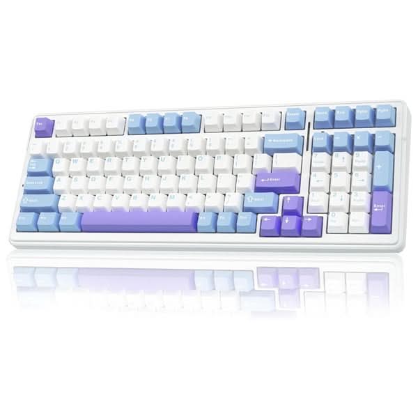 AULA F99 Tri-Mode 2.4G Wired BT Hot Swappable RGB Wireless Full Size Mechanical Blue White, Crescent Switch Gaming Keyboard