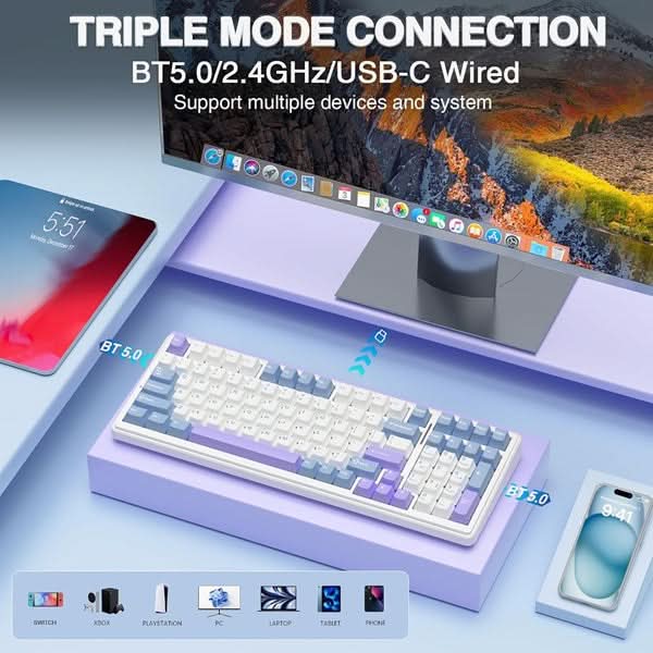 AULA F99 Tri-Mode 2.4G Wired BT Hot Swappable RGB Wireless Full Size Mechanical Blue White, Crescent Switch Gaming Keyboard